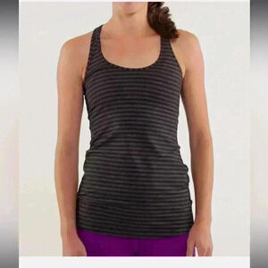 Lululemon Cool Racerback Tank Top Striped Half Micro Macro Black Heathered Sz 4